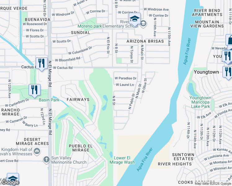 map of restaurants, bars, coffee shops, grocery stores, and more near 11846 West Sunnyside Drive in El Mirage