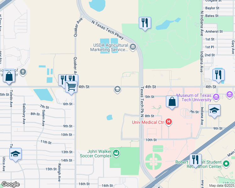 map of restaurants, bars, coffee shops, grocery stores, and more near 3911 4th Street in Lubbock