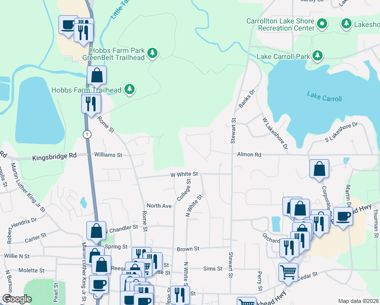 map of restaurants, bars, coffee shops, grocery stores, and more near 312 Wooded Glen Lane in Carrollton