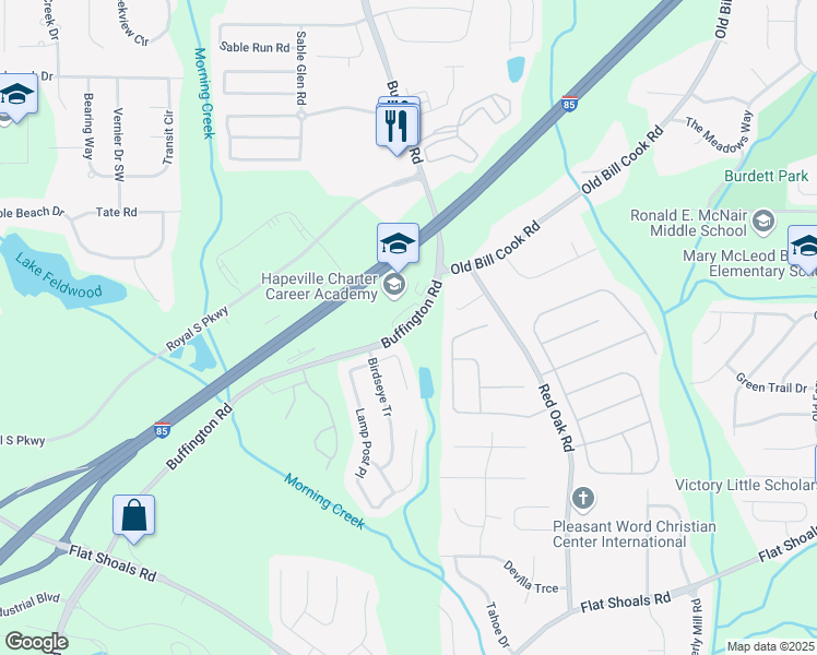 map of restaurants, bars, coffee shops, grocery stores, and more near 6045 Buffington Road in Atlanta