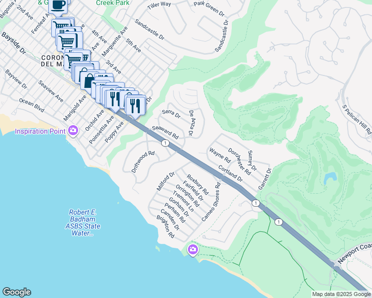 map of restaurants, bars, coffee shops, grocery stores, and more near 342 Morning Canyon Road in Newport Beach