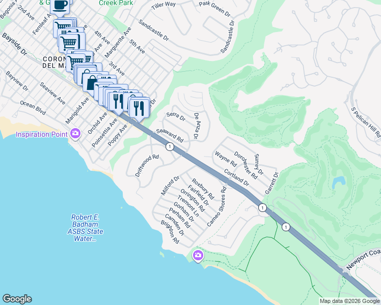 map of restaurants, bars, coffee shops, grocery stores, and more near in Newport Beach