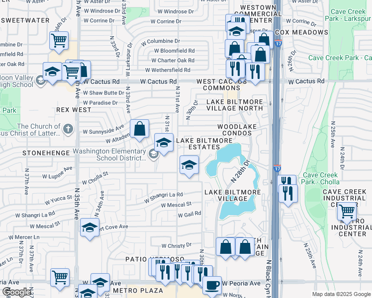 map of restaurants, bars, coffee shops, grocery stores, and more near 11450 North 30th Lane in Phoenix