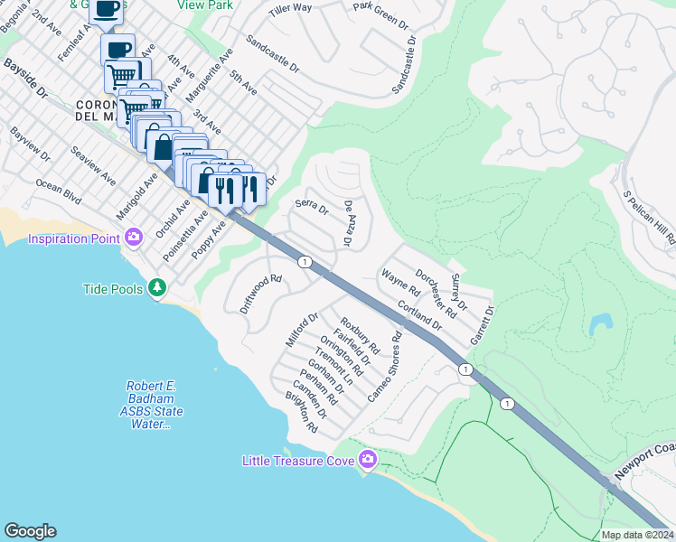 map of restaurants, bars, coffee shops, grocery stores, and more near 342 Morning Canyon Road in Newport Beach