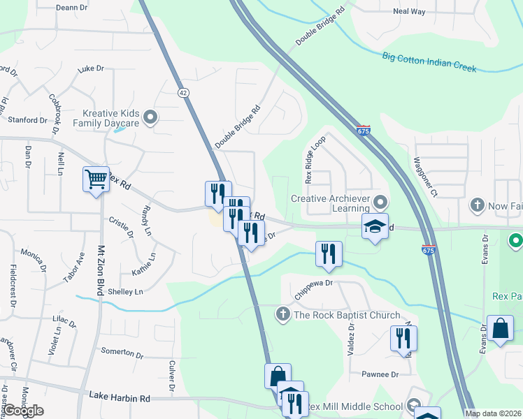 map of restaurants, bars, coffee shops, grocery stores, and more near 2991 Rex Road in Rex