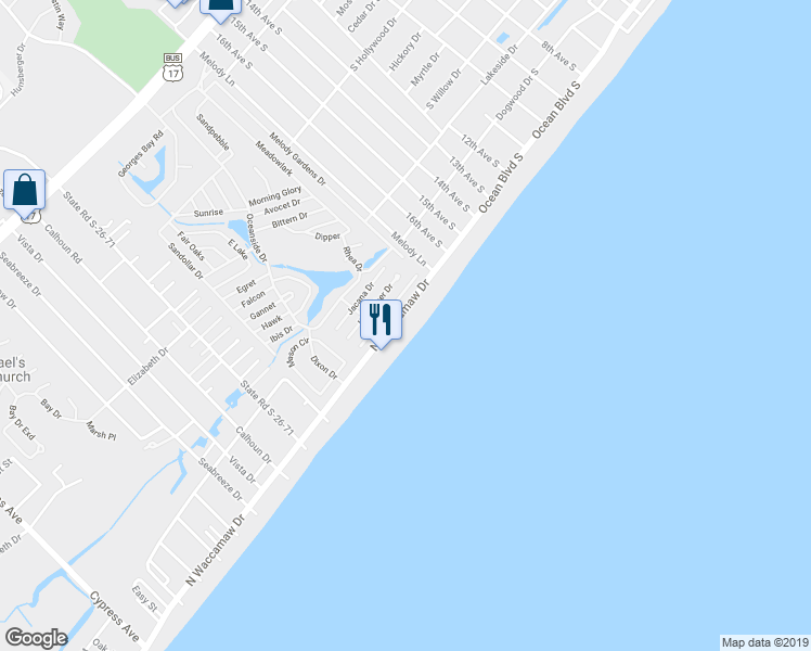 map of restaurants, bars, coffee shops, grocery stores, and more near 1990 North Waccamaw Drive in Murrells Inlet