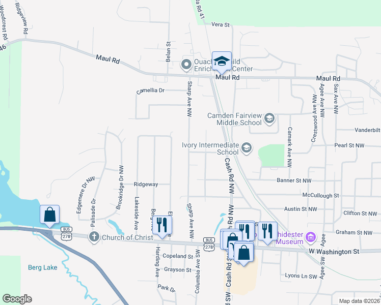 map of restaurants, bars, coffee shops, grocery stores, and more near 565 Sharp Avenue Northwest in Camden