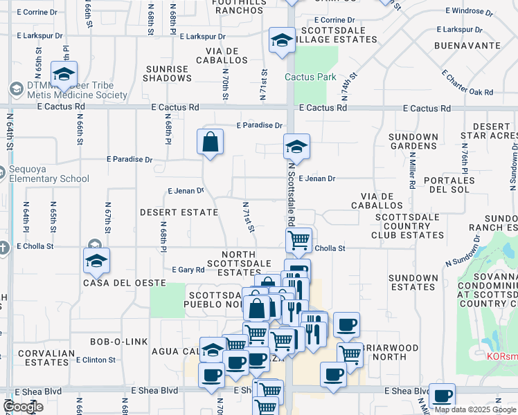 map of restaurants, bars, coffee shops, grocery stores, and more near 7102 East Kalil Drive in Scottsdale