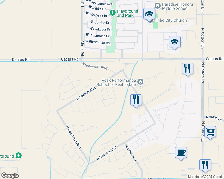 map of restaurants, bars, coffee shops, grocery stores, and more near 17737 West Cactus Road in Surprise