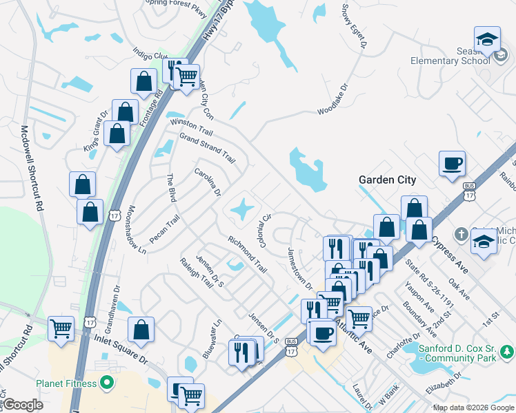 map of restaurants, bars, coffee shops, grocery stores, and more near 632 Woodmoor Drive in Murrells Inlet
