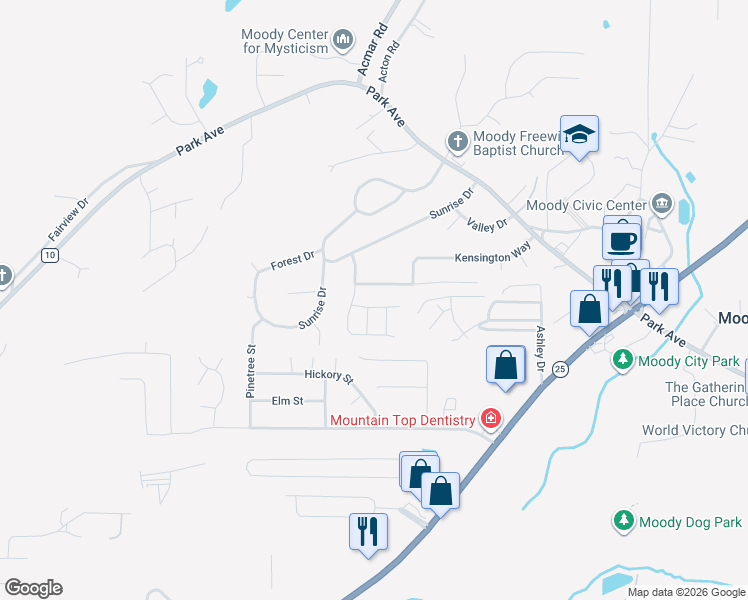 map of restaurants, bars, coffee shops, grocery stores, and more near 2117 Kings Court in Moody