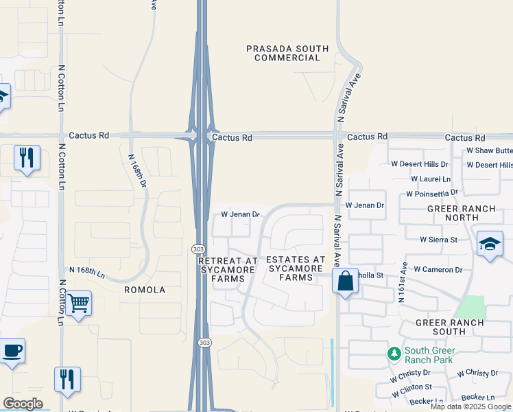 map of restaurants, bars, coffee shops, grocery stores, and more near 16529 West Jenan Drive in Surprise