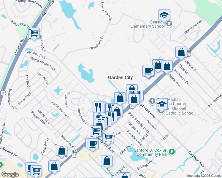 map of restaurants, bars, coffee shops, grocery stores, and more near 121 Addison Cottage Way in Murrells Inlet
