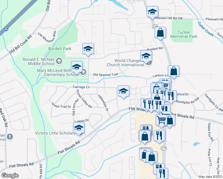 map of restaurants, bars, coffee shops, grocery stores, and more near 2680 Carriage Lane in Atlanta