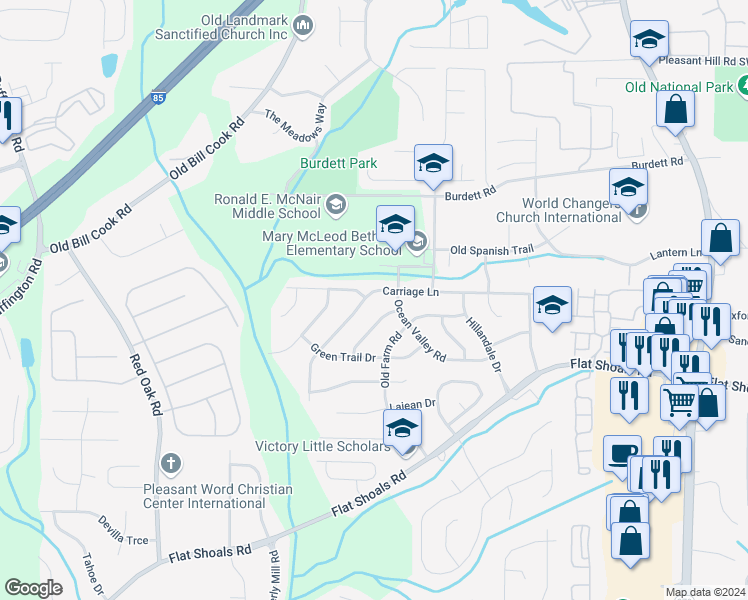 map of restaurants, bars, coffee shops, grocery stores, and more near 2858 Carriage Lane in College Park