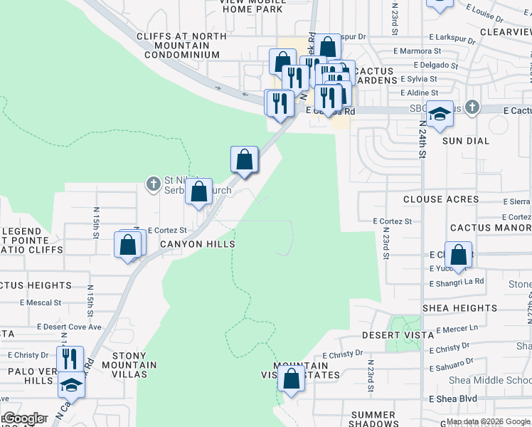 map of restaurants, bars, coffee shops, grocery stores, and more near 1950 East Cortez Street in Phoenix