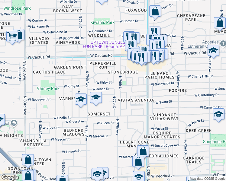 map of restaurants, bars, coffee shops, grocery stores, and more near 7721 West Canterbury Drive in Peoria