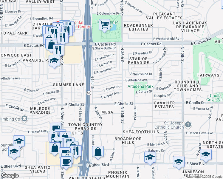 map of restaurants, bars, coffee shops, grocery stores, and more near 3440 East Lupine Avenue in Phoenix