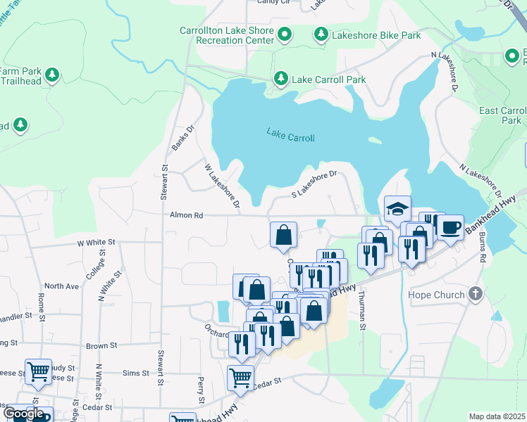 map of restaurants, bars, coffee shops, grocery stores, and more near 102 South Lakeshore Drive in Carrollton