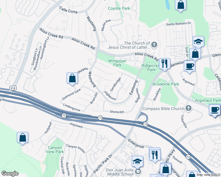 map of restaurants, bars, coffee shops, grocery stores, and more near 40 Sandbridge in Aliso Viejo