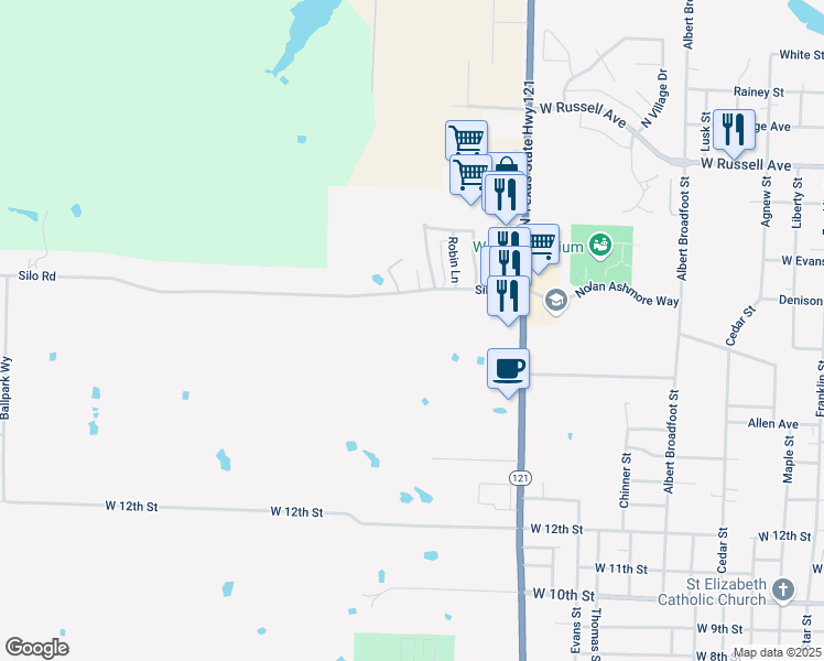 map of restaurants, bars, coffee shops, grocery stores, and more near 1413 Silo Road in Bonham