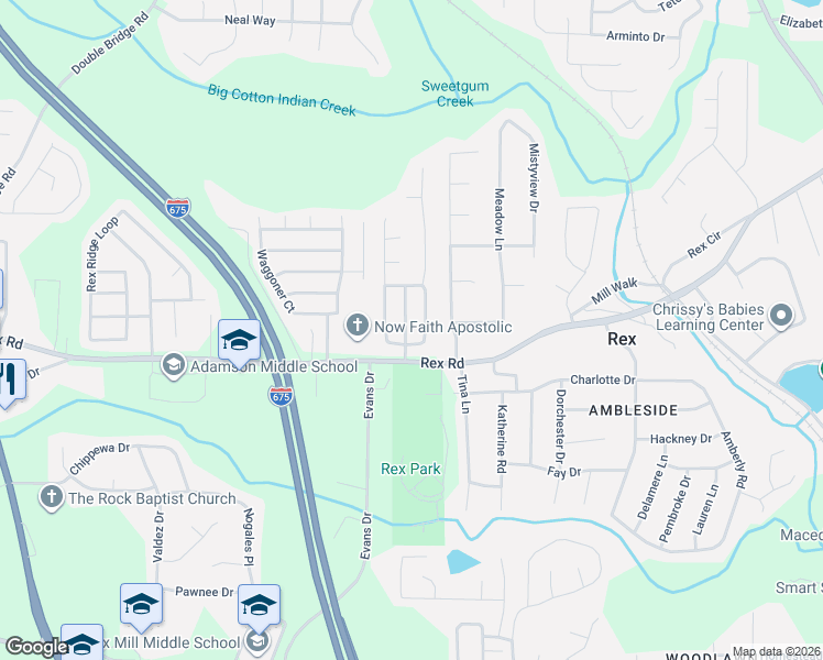map of restaurants, bars, coffee shops, grocery stores, and more near 6001 Green Meadow Way in Rex