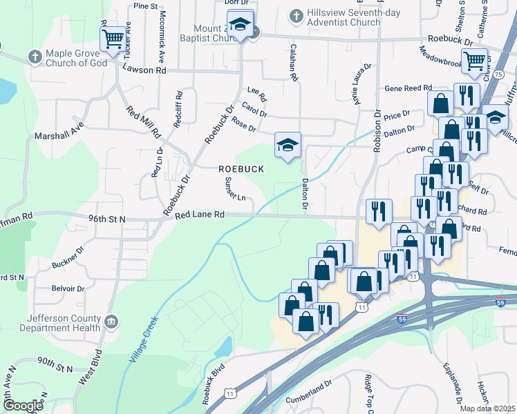 map of restaurants, bars, coffee shops, grocery stores, and more near 1 Sunset Lane in Birmingham