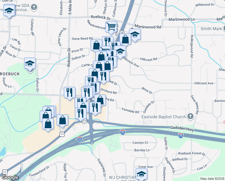 map of restaurants, bars, coffee shops, grocery stores, and more near 729 Orchard Road in Birmingham