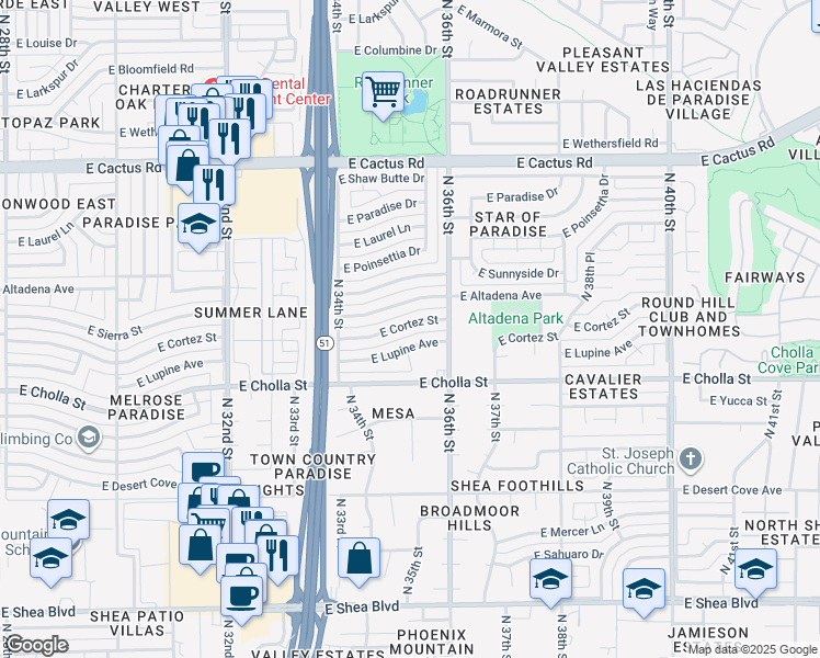 map of restaurants, bars, coffee shops, grocery stores, and more near 3440 East Lupine Avenue in Phoenix