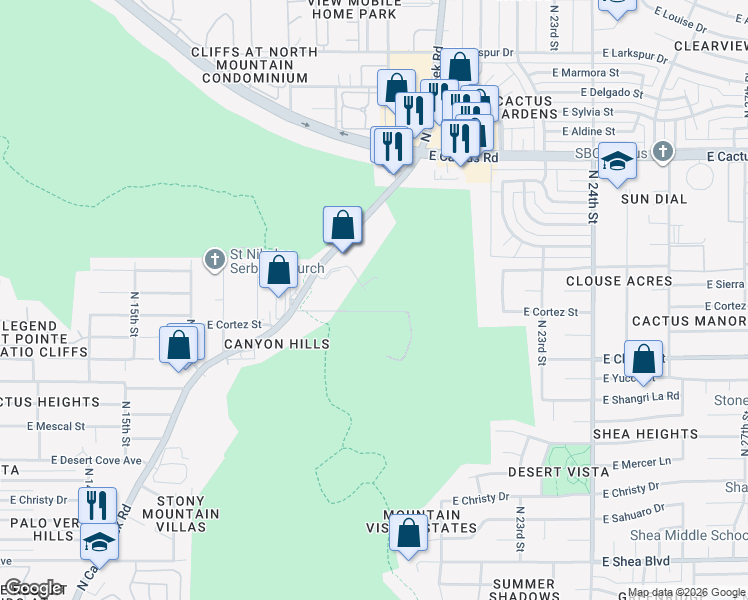 map of restaurants, bars, coffee shops, grocery stores, and more near 1950 East Cortez Street in Phoenix