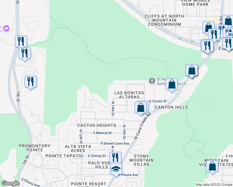 map of restaurants, bars, coffee shops, grocery stores, and more near 1413 East Cortez Street in Phoenix