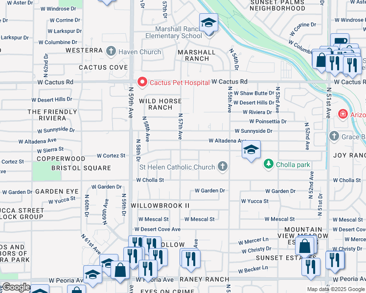 map of restaurants, bars, coffee shops, grocery stores, and more near 11450 North 57th Avenue in Glendale