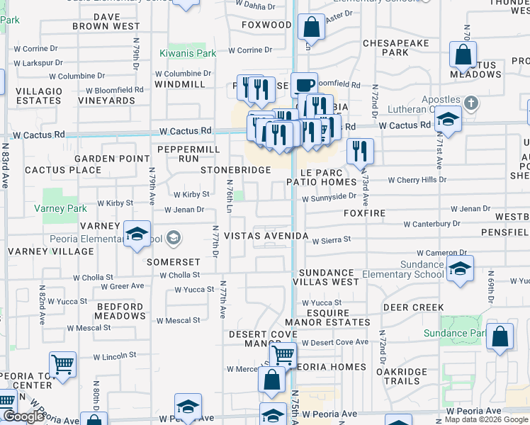 map of restaurants, bars, coffee shops, grocery stores, and more near 7569 West Jenan Drive in Peoria