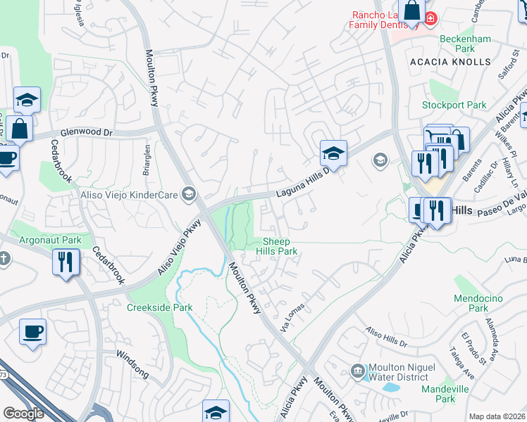 map of restaurants, bars, coffee shops, grocery stores, and more near 25551 Indian Hill Lane in Laguna Hills