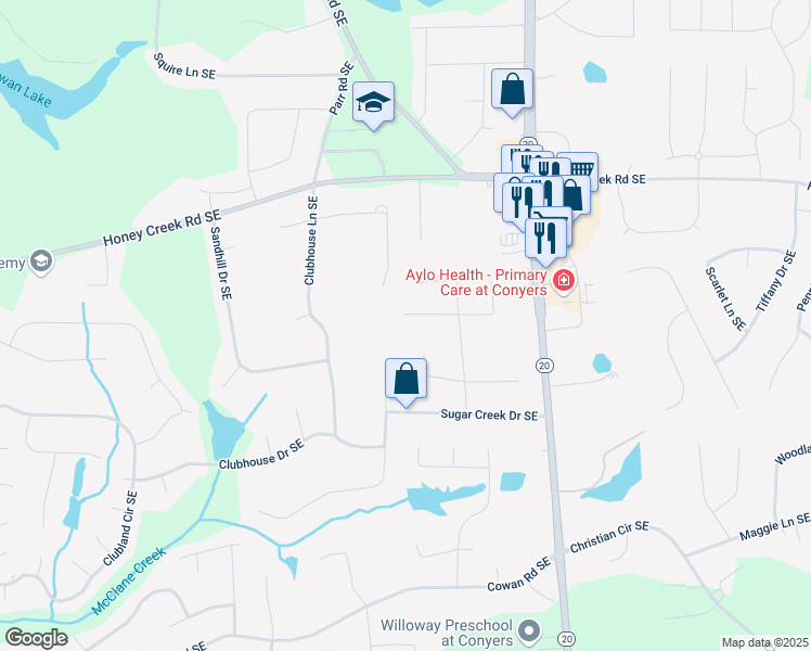 map of restaurants, bars, coffee shops, grocery stores, and more near 831 Sweet Briar Lane Southeast in Conyers