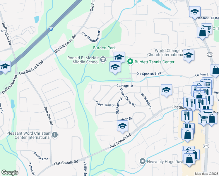 map of restaurants, bars, coffee shops, grocery stores, and more near 2875 Carriage Lane in Atlanta