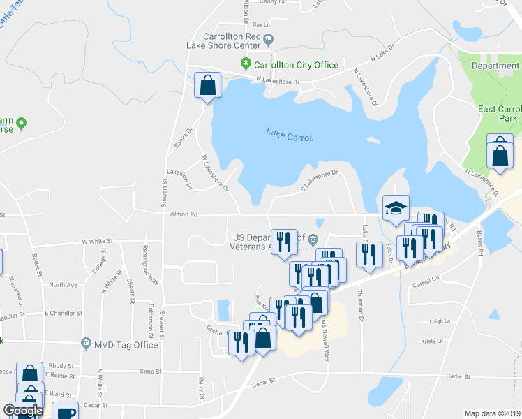 map of restaurants, bars, coffee shops, grocery stores, and more near 102 South Lakeshore Drive in Carrollton