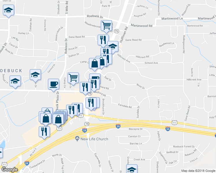 map of restaurants, bars, coffee shops, grocery stores, and more near 729 Orchard Road in Birmingham
