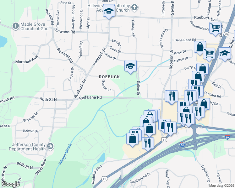 map of restaurants, bars, coffee shops, grocery stores, and more near 1 Sunset Lane in Birmingham