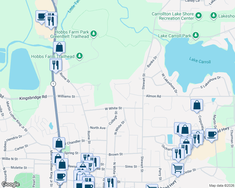 map of restaurants, bars, coffee shops, grocery stores, and more near 312 Wooded Glen Lane in Carrollton