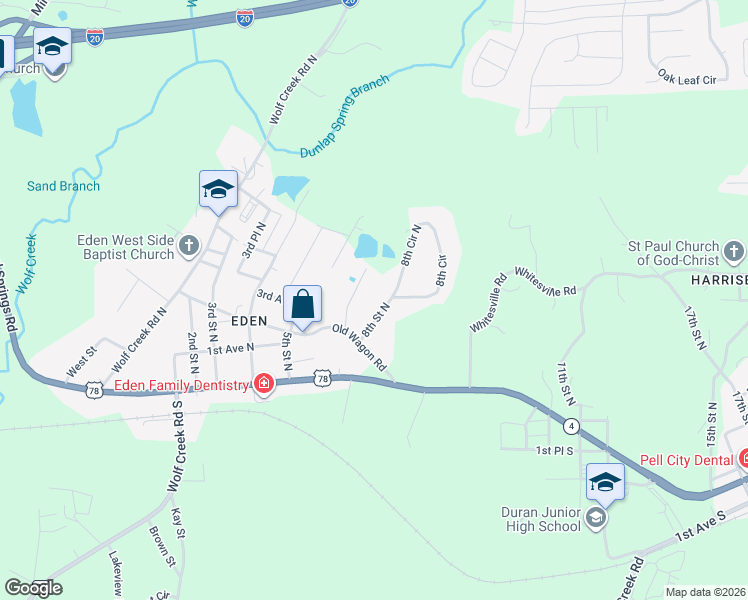map of restaurants, bars, coffee shops, grocery stores, and more near 206 7th Street North in Pell City