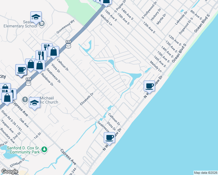 map of restaurants, bars, coffee shops, grocery stores, and more near 1517 Cove Lane in Murrells Inlet