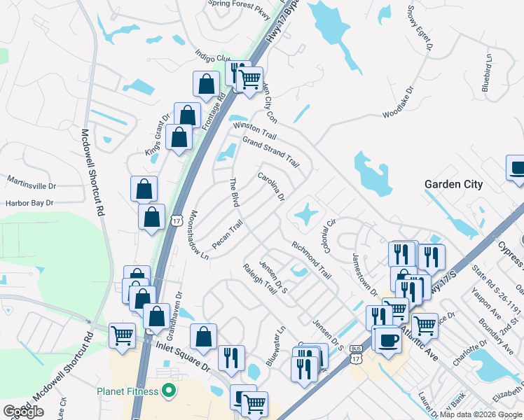 map of restaurants, bars, coffee shops, grocery stores, and more near 3212 Santee Drive in Murrells Inlet