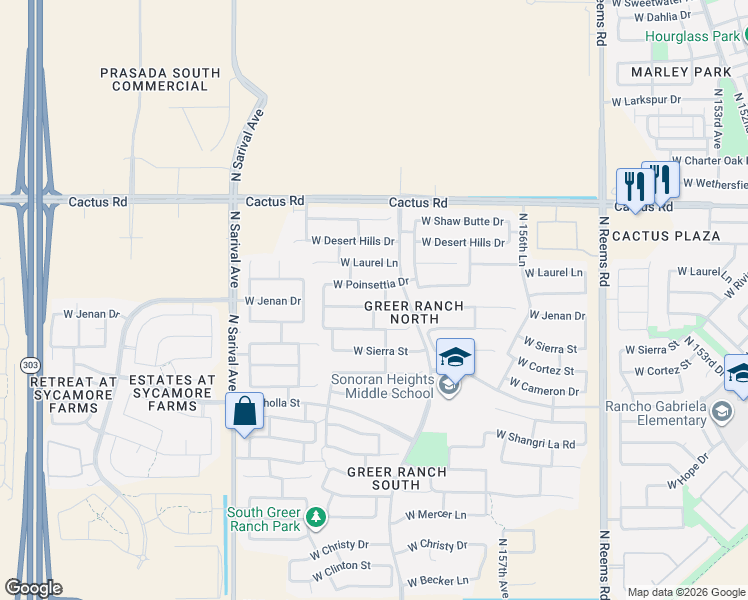 map of restaurants, bars, coffee shops, grocery stores, and more near 16015 West Jenan Drive in Surprise