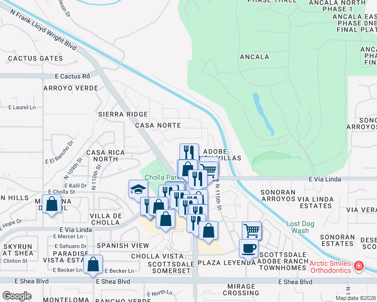 map of restaurants, bars, coffee shops, grocery stores, and more near 11545 North Frank Lloyd Wright Boulevard in Scottsdale