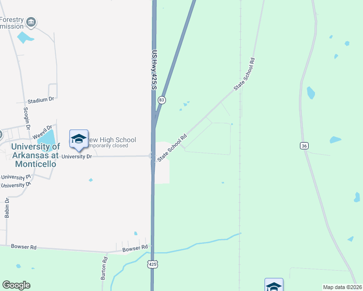map of restaurants, bars, coffee shops, grocery stores, and more near Midway Route in Monticello
