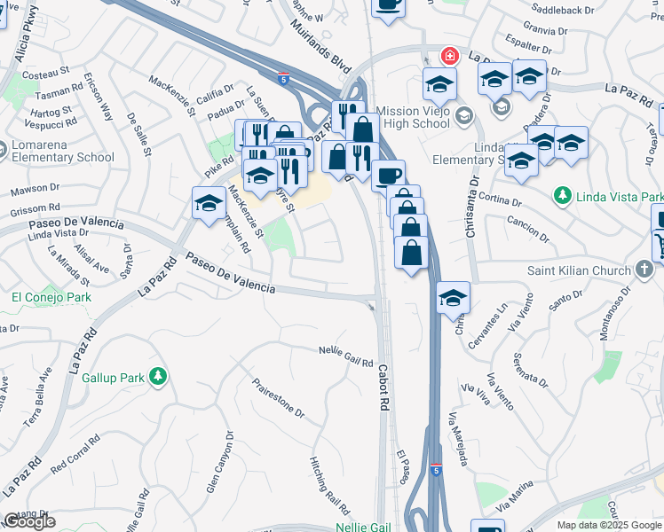 map of restaurants, bars, coffee shops, grocery stores, and more near 25912 Evergreen Road in Laguna Hills