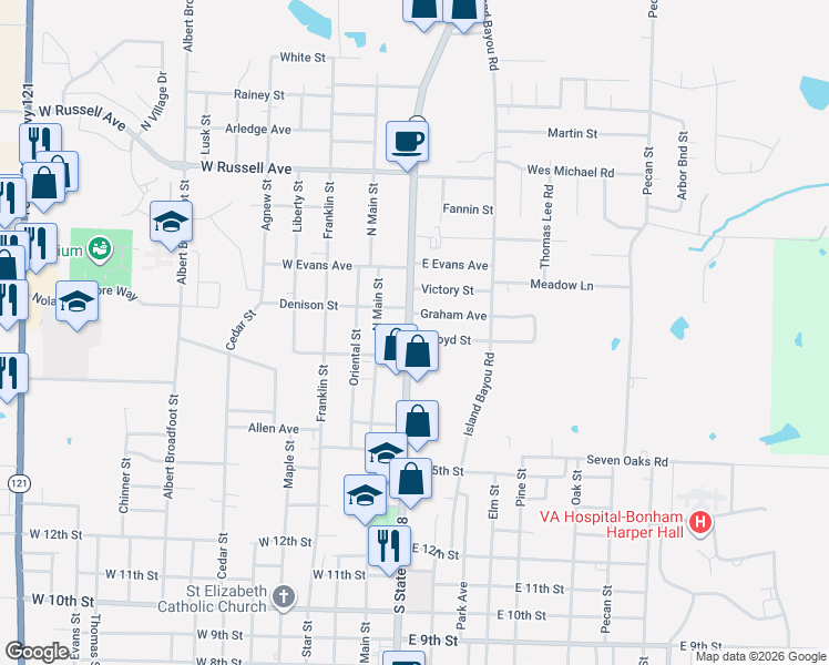 map of restaurants, bars, coffee shops, grocery stores, and more near 201 East Boyd Street in Bonham