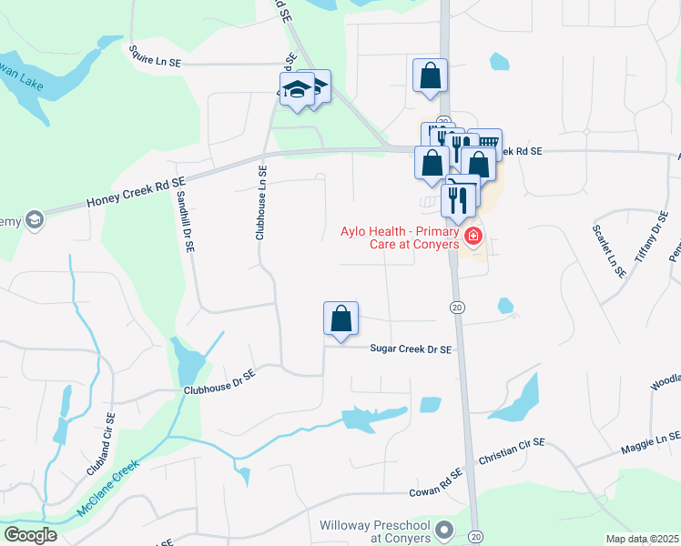 map of restaurants, bars, coffee shops, grocery stores, and more near 831 Sweet Briar Lane Southeast in Conyers