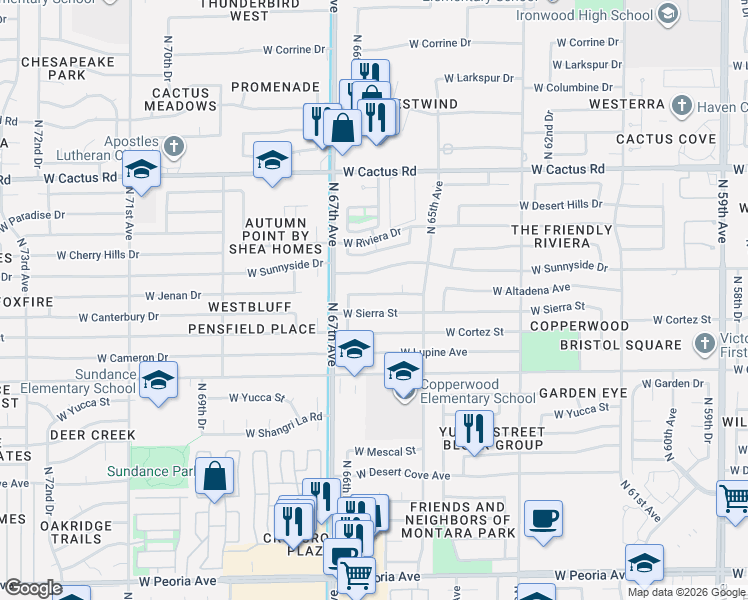 map of restaurants, bars, coffee shops, grocery stores, and more near 6621 West Sierra Street in Glendale